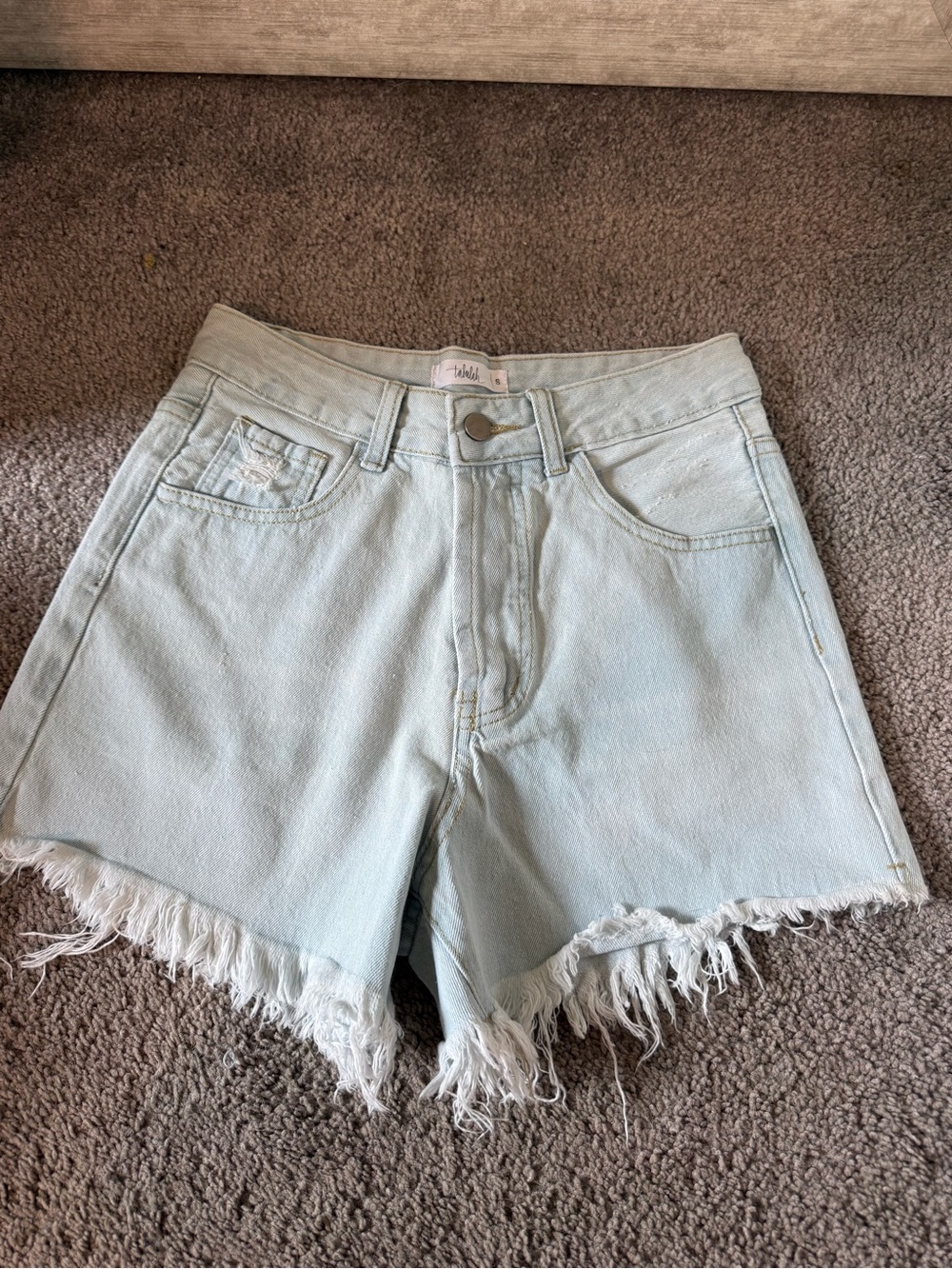 High-Rise Light Blue Frayed Hem Denim Shorts